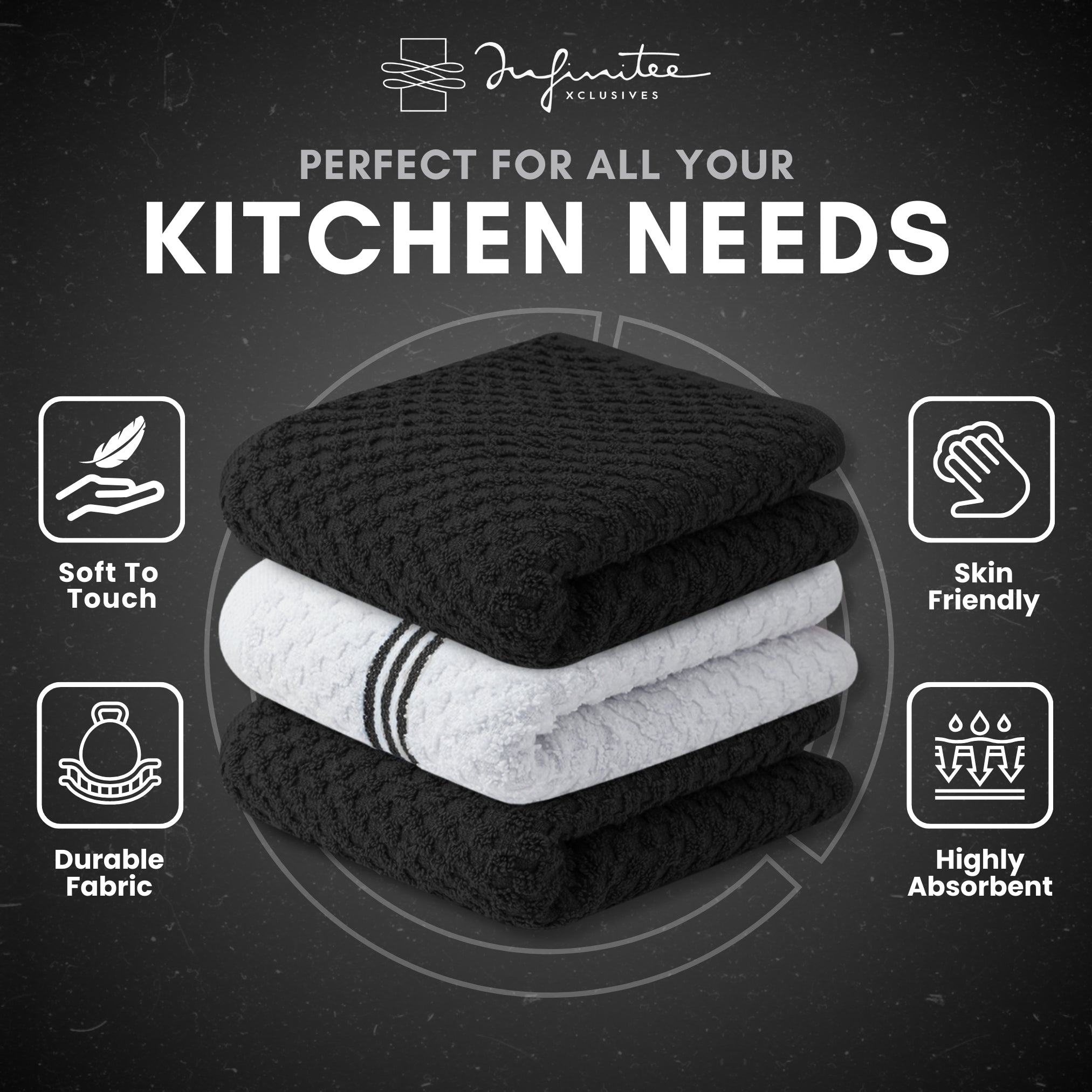 Premium Tea Towels | Pack of 3 | 100% Cotton |38 x 64 cm| Ultra Soft & Highly Absorbent Terry Dish Towels for Kitchen, Bar Towels for Daily Household Cleaning Use - Black