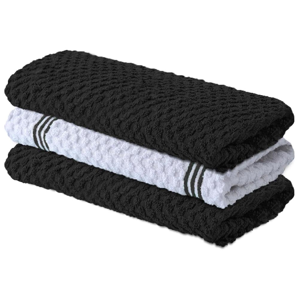 Premium Tea Towels | Pack of 3 | 100% Cotton |38 x 64 cm| Ultra Soft & Highly Absorbent Terry Dish Towels for Kitchen, Bar Towels for Daily Household Cleaning Use - Black