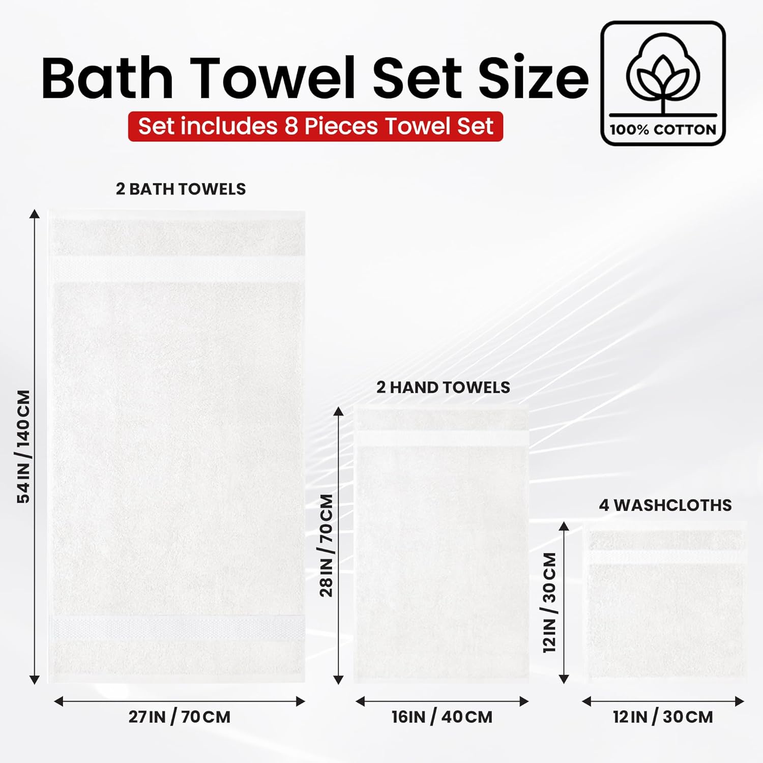 Premium Bath Towel Set 8-Piece (2 Bath Towels, 2 Hand Towels, 4 Washcloths), Super Absorbent Soft 100% Ring-Spun Cotton for Spa, Gym, Hotel & Bathroom - Charming Grey