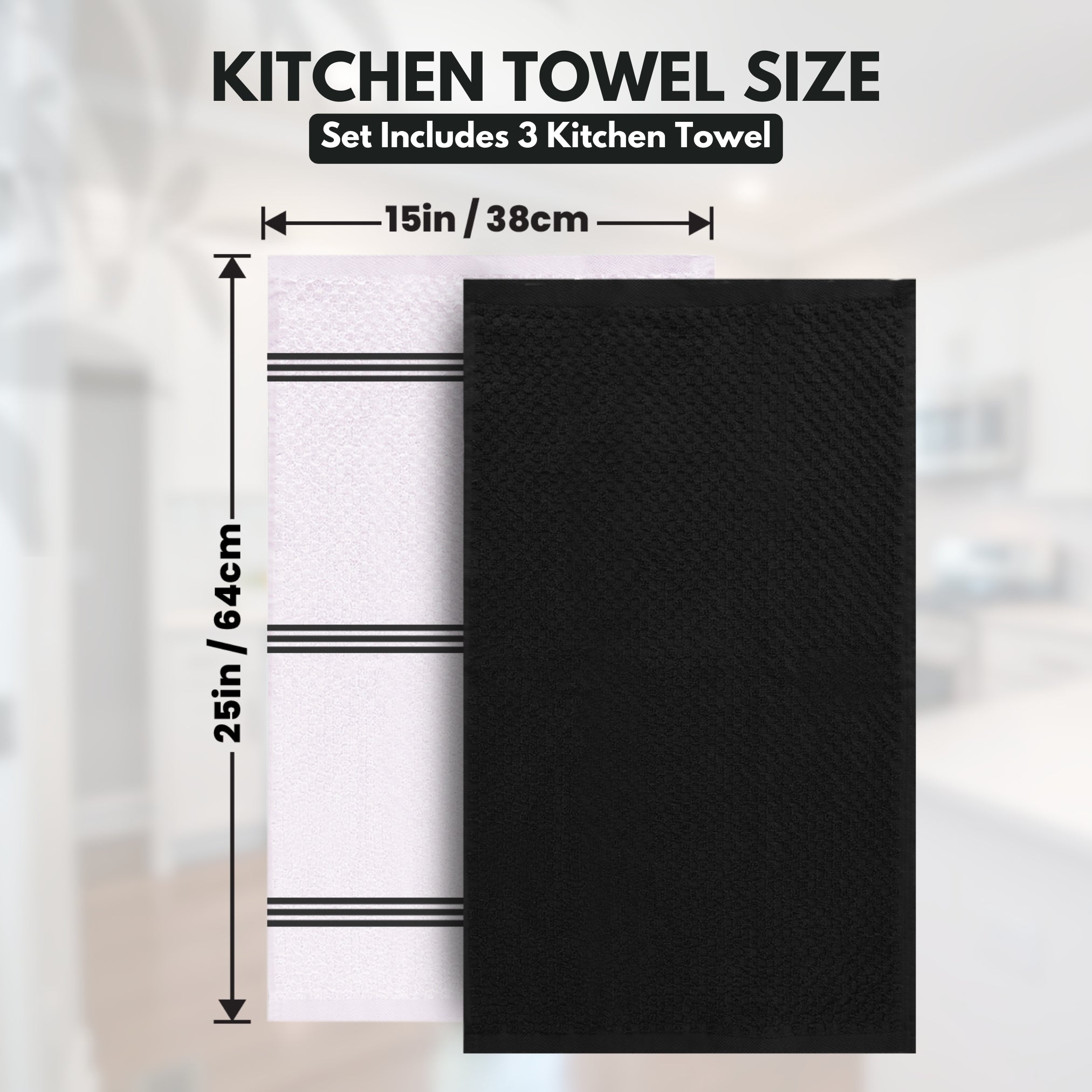 Premium Tea Towels | Pack of 3 | 100% Cotton |38 x 64 cm| Ultra Soft & Highly Absorbent Terry Dish Towels for Kitchen, Bar Towels for Daily Household Cleaning Use - Black