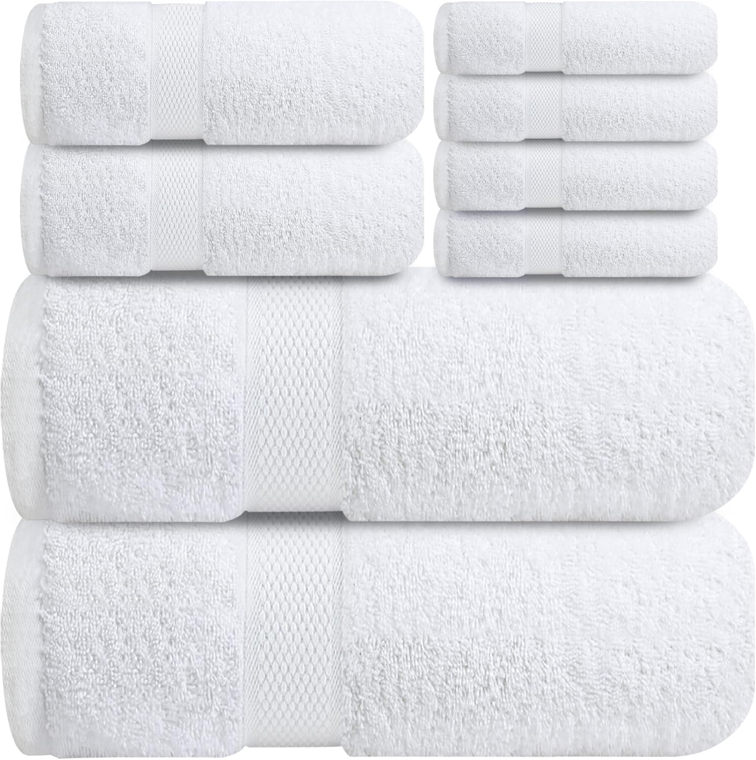 Premium Bath Towel Set 8-Piece (2 Bath Towels, 2 Hand Towels, 4 Washcloths), Super Absorbent Soft 100% Ring-Spun Cotton for Spa, Gym, Hotel & Bathroom - Brilliant White