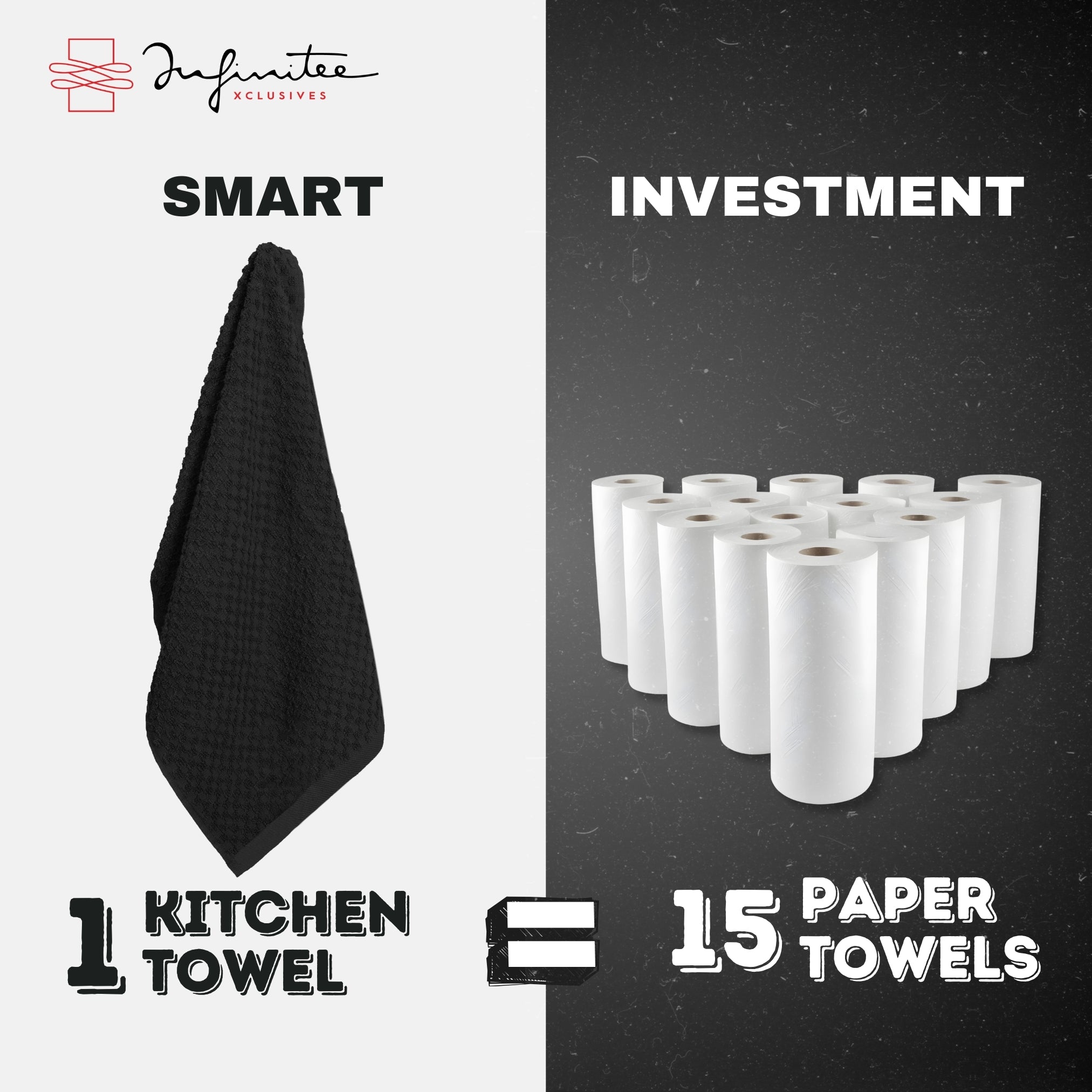 Premium Tea Towels | Pack of 3 | 100% Cotton |38 x 64 cm| Ultra Soft & Highly Absorbent Terry Dish Towels for Kitchen, Bar Towels for Daily Household Cleaning Use - Black