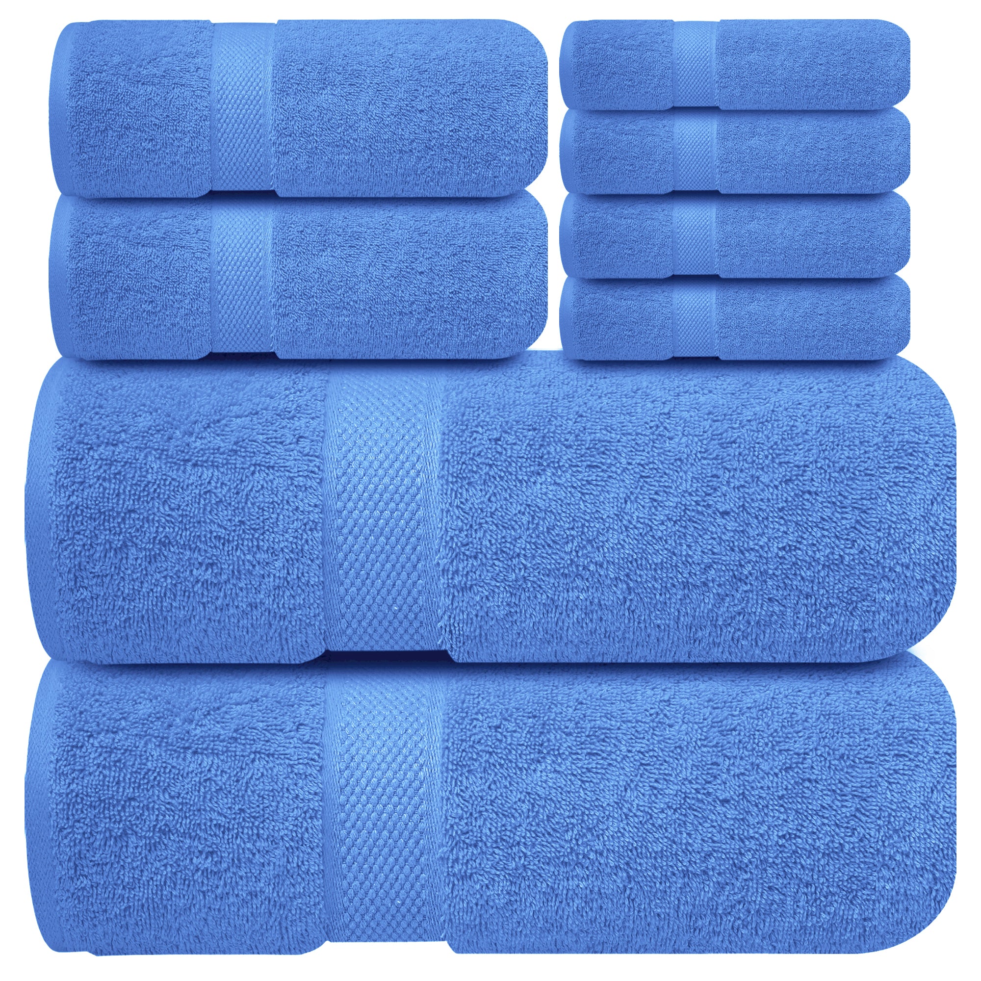 Premium Bath Towel Set 8-Piece (2 Bath Towels, 2 Hand Towels, 4 Washcloths), Super Absorbent Soft 100% Ring-Spun Cotton for Spa, Gym, Hotel & Bathroom - Eloquent Blue