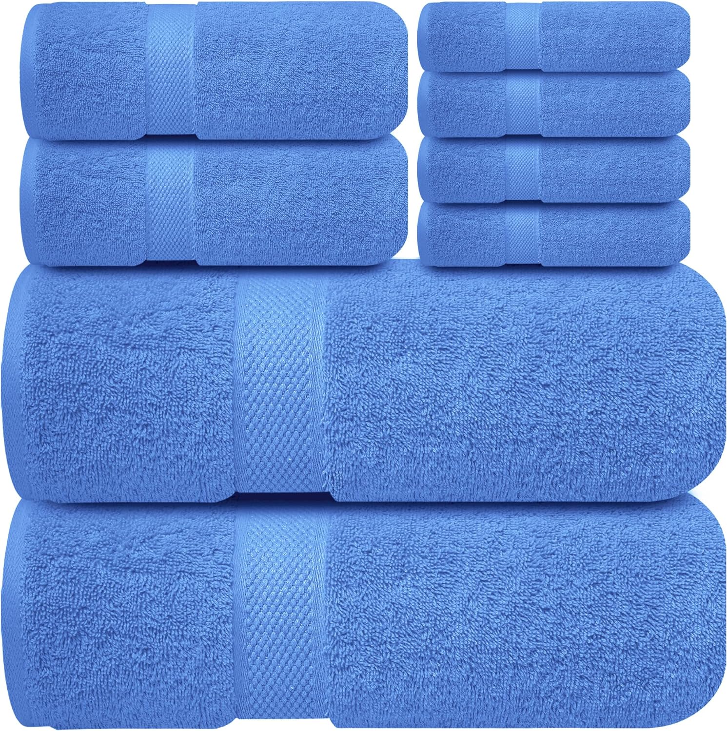 Premium Blue Bath Towels Set - [Pack of 8] 100% Cotton Highly Absorbent 2 Bath Towels, 2 Hand Towels and 4 Washcloths - Luxury Hotel & Spa Quality Bath Towels for Bathroom by Infinitee Xclusives